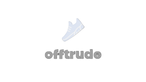 White sneaker icon and 'offtrude' text on a black background